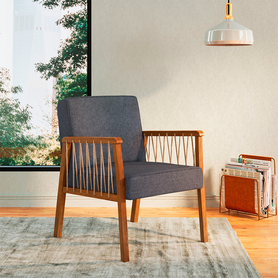 Conjunto com 2 Poltronas Lara Poliéster Chumbo e Nogueira