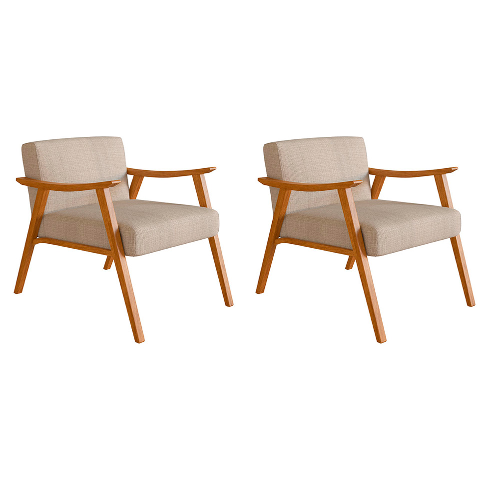 Conjunto com 2 Poltronas Ravena Algodão Bege e Nogueira