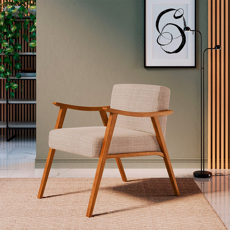 Conjunto com 2 Poltronas Ravena Algodão Bege e Nogueira