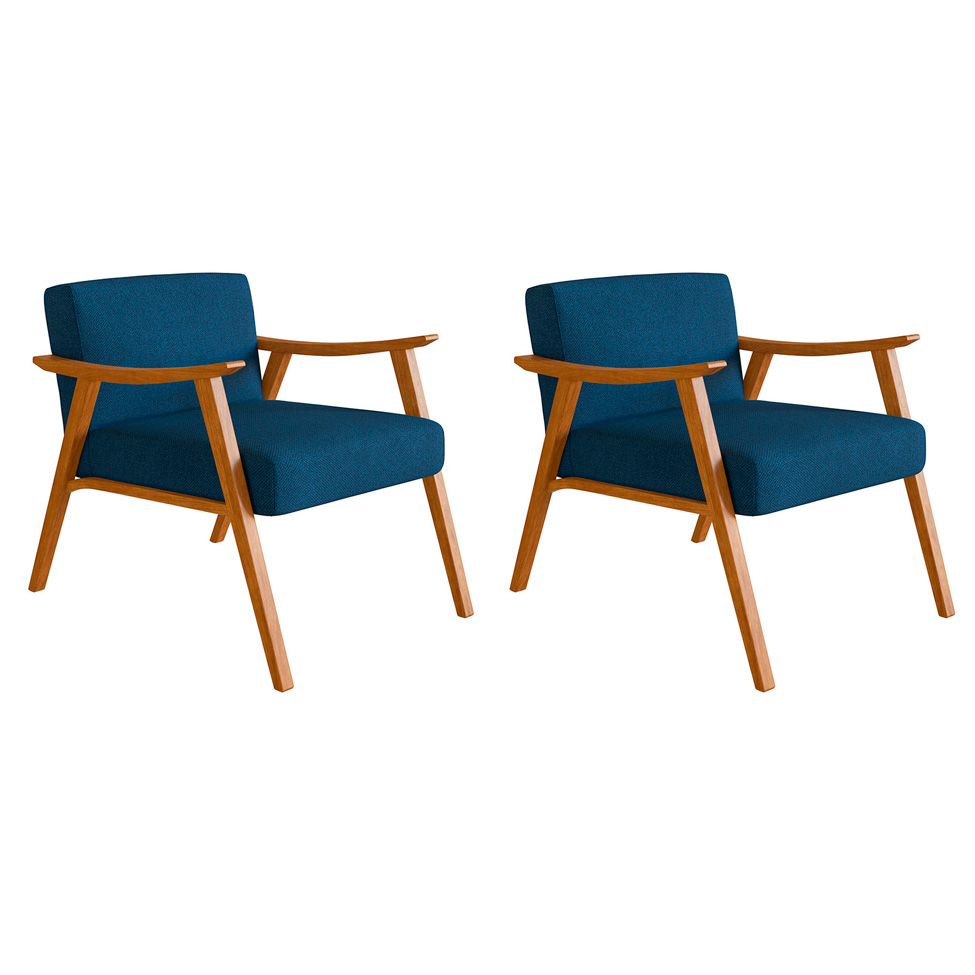 Conjunto com 2 Poltronas Ravena Poliéster Azul Marinho e Nogueira