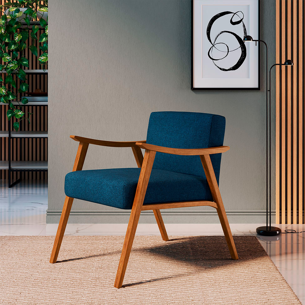 Conjunto com 2 Poltronas Ravena Poliéster Azul Marinho e Nogueira