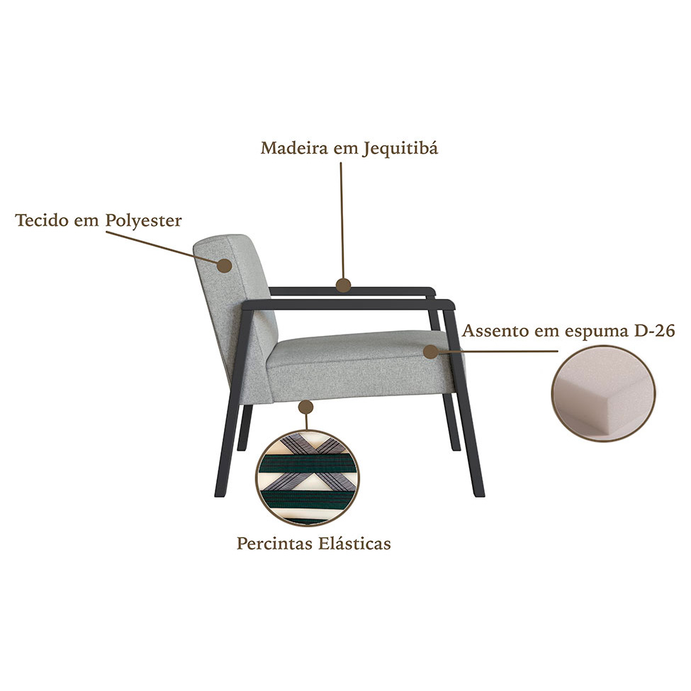 Conjunto com 2 Poltronas Slim Poliéster Cinza Claro e Preta