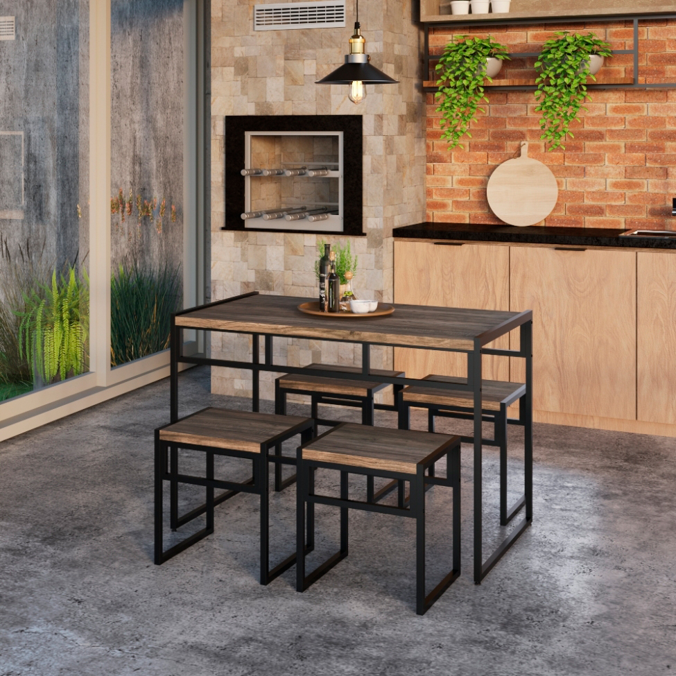 Conjunto com 4 Bancos Wooden Carvalho Dark e Preto
