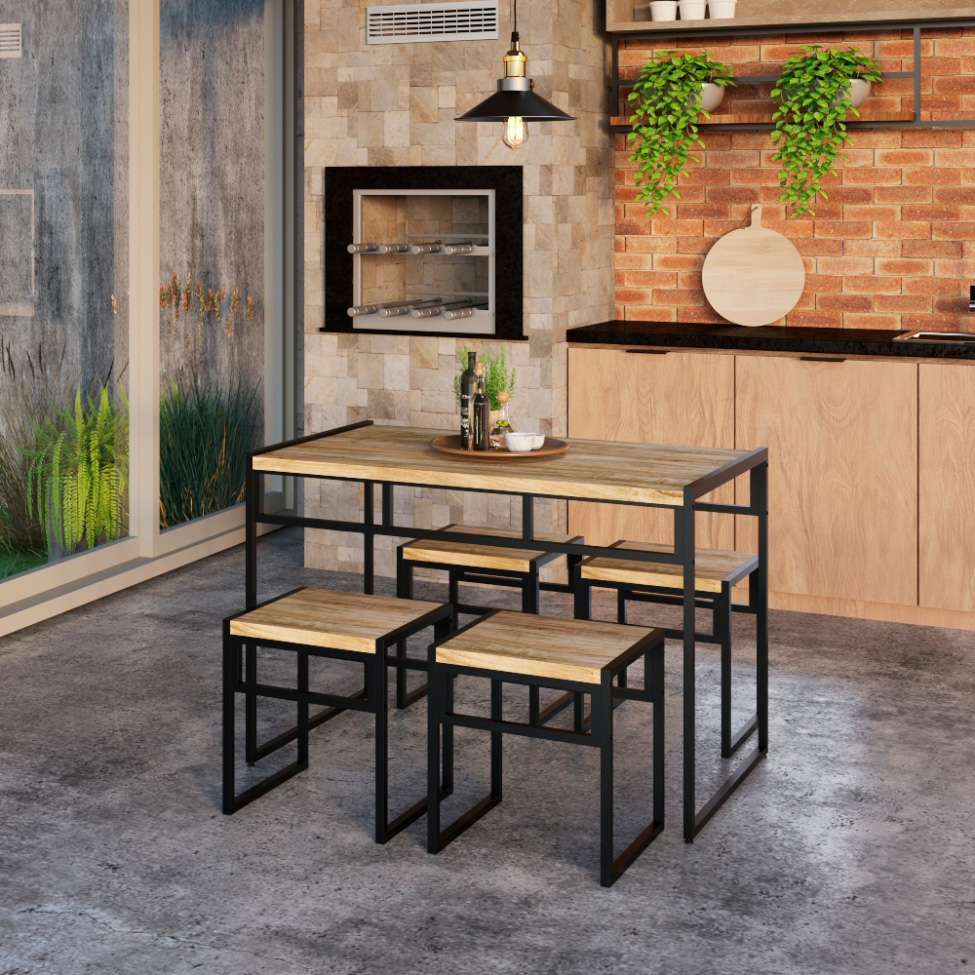Conjunto com 4 Bancos Wooden Carvalho e Preto