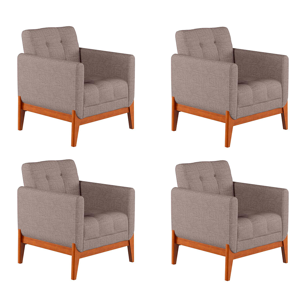 Conjunto com 4 Poltronas Brooks Linho Cinza e Amêndoa