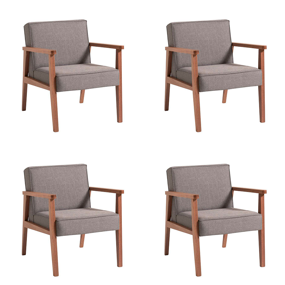 Conjunto com 4 Poltronas Júlia Natural e Cinza