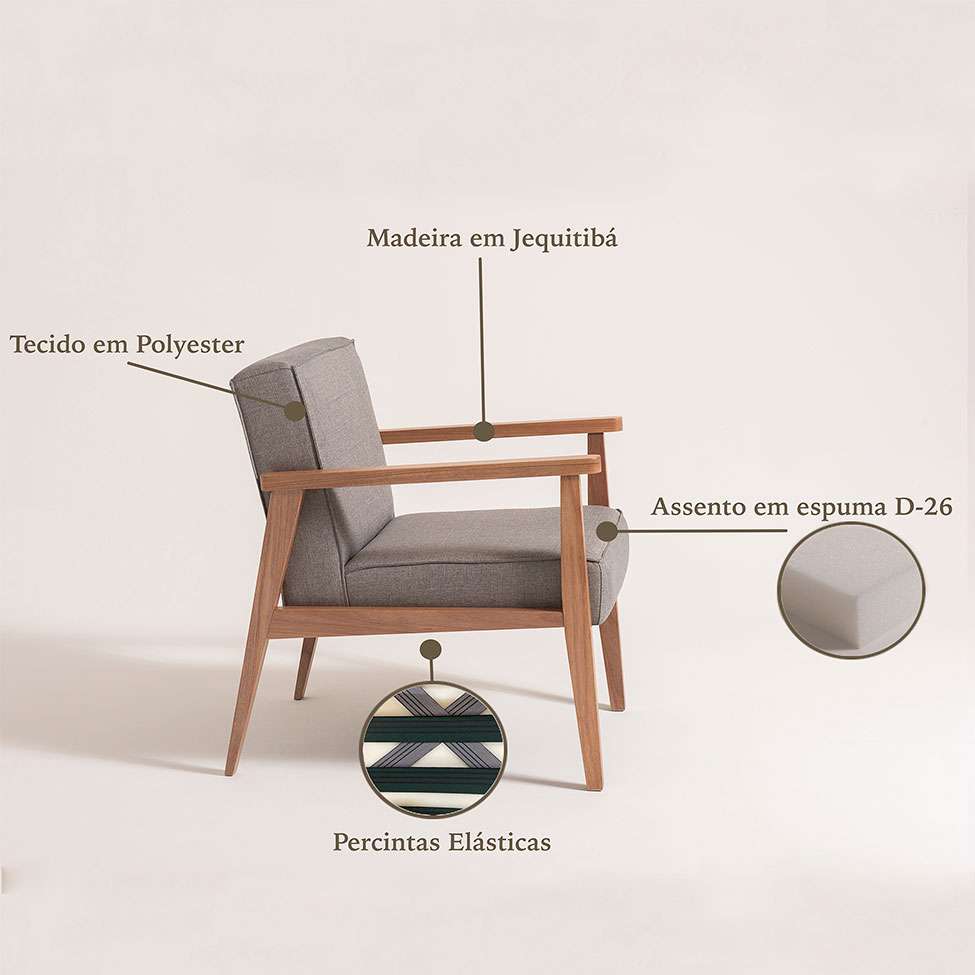 Conjunto com 4 Poltronas Júlia Natural e Cinza
