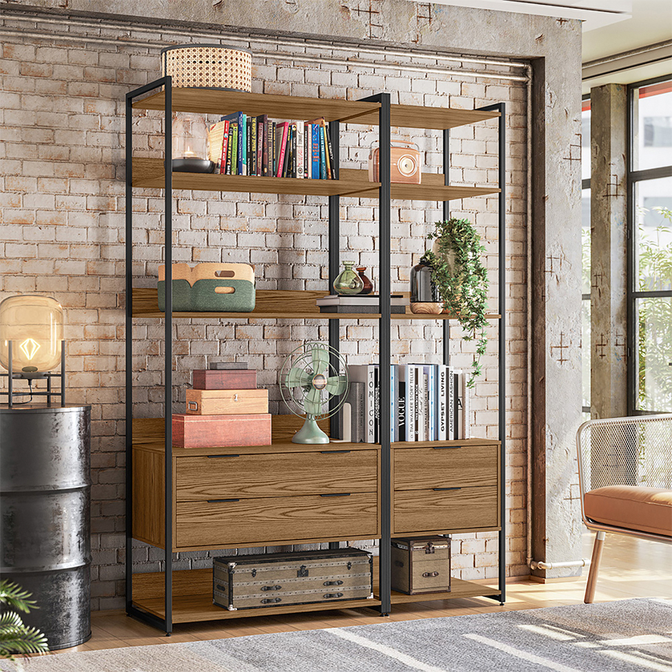 Conjunto de Módulos Estante para Livros Industrial Mital 4 GV Conhaque e Preto 143 cm