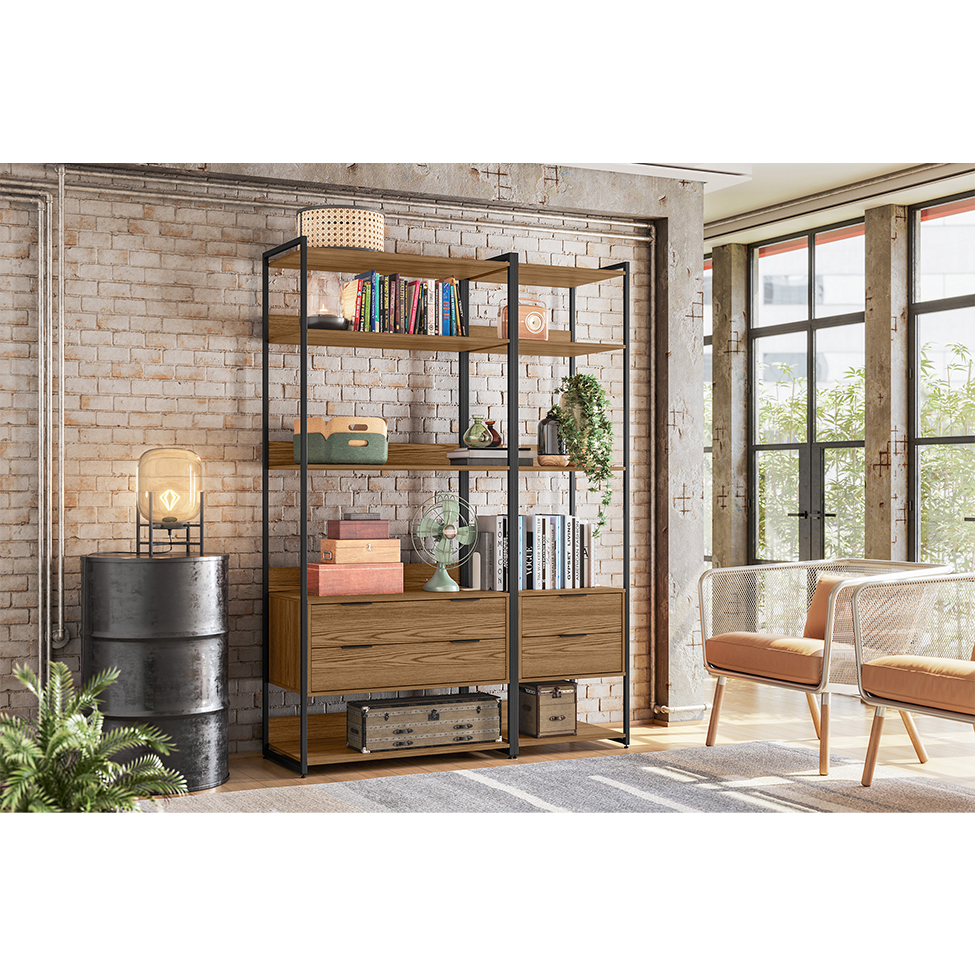Conjunto de Módulos Estante para Livros Industrial Mital 4 GV Conhaque e Preto 143 cm