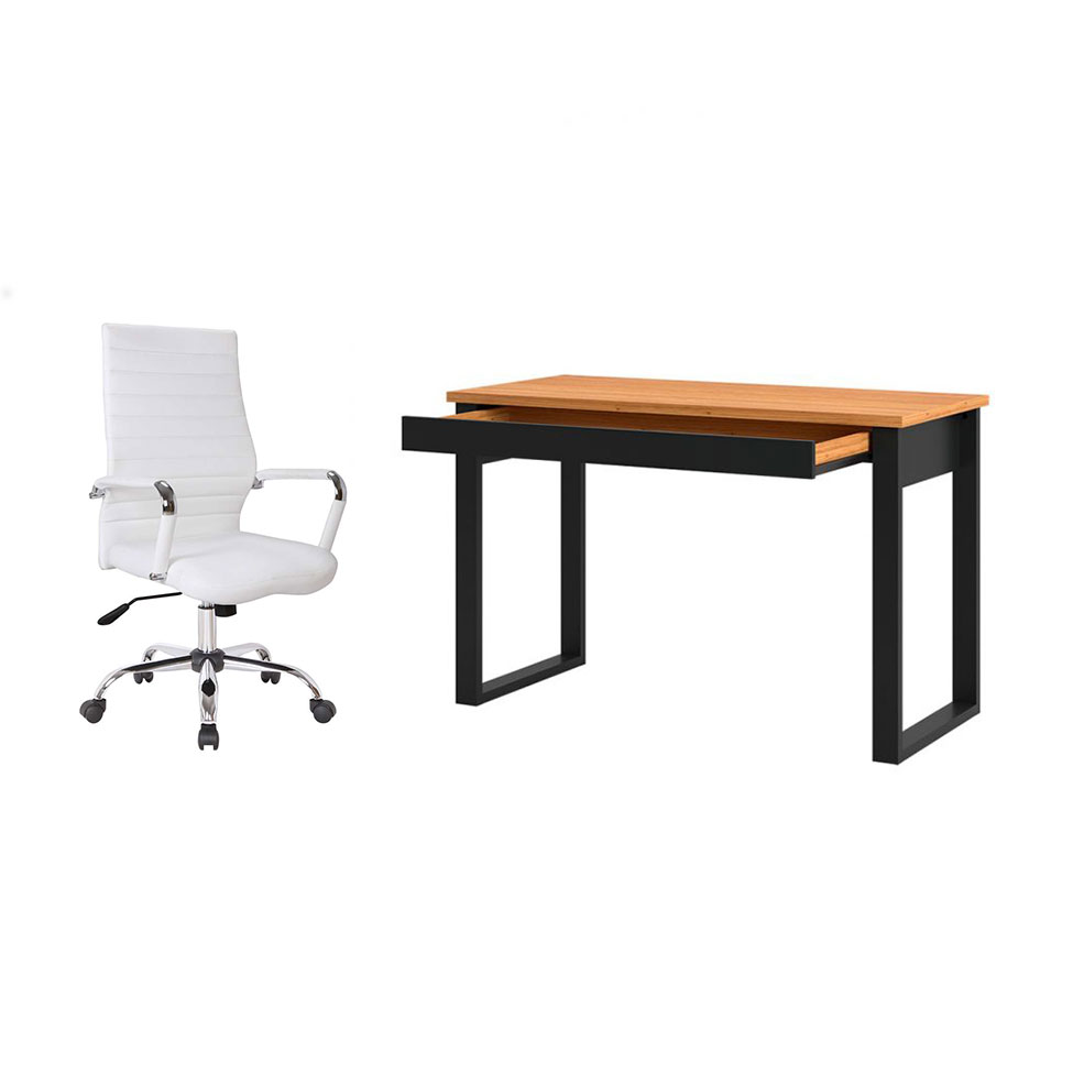 Conjunto de Mesa Anah 1 GV Freijó e Preta com Cadeira de Escritório Diretor Giratória Cleaner Branca