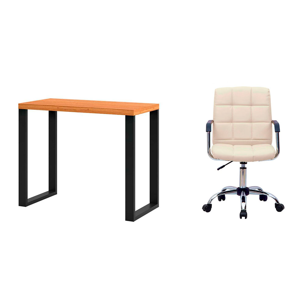 Conjunto de Mesa Anah Freijó e Preta com Cadeira de Escritório Secretária Giratória Fitz Bege