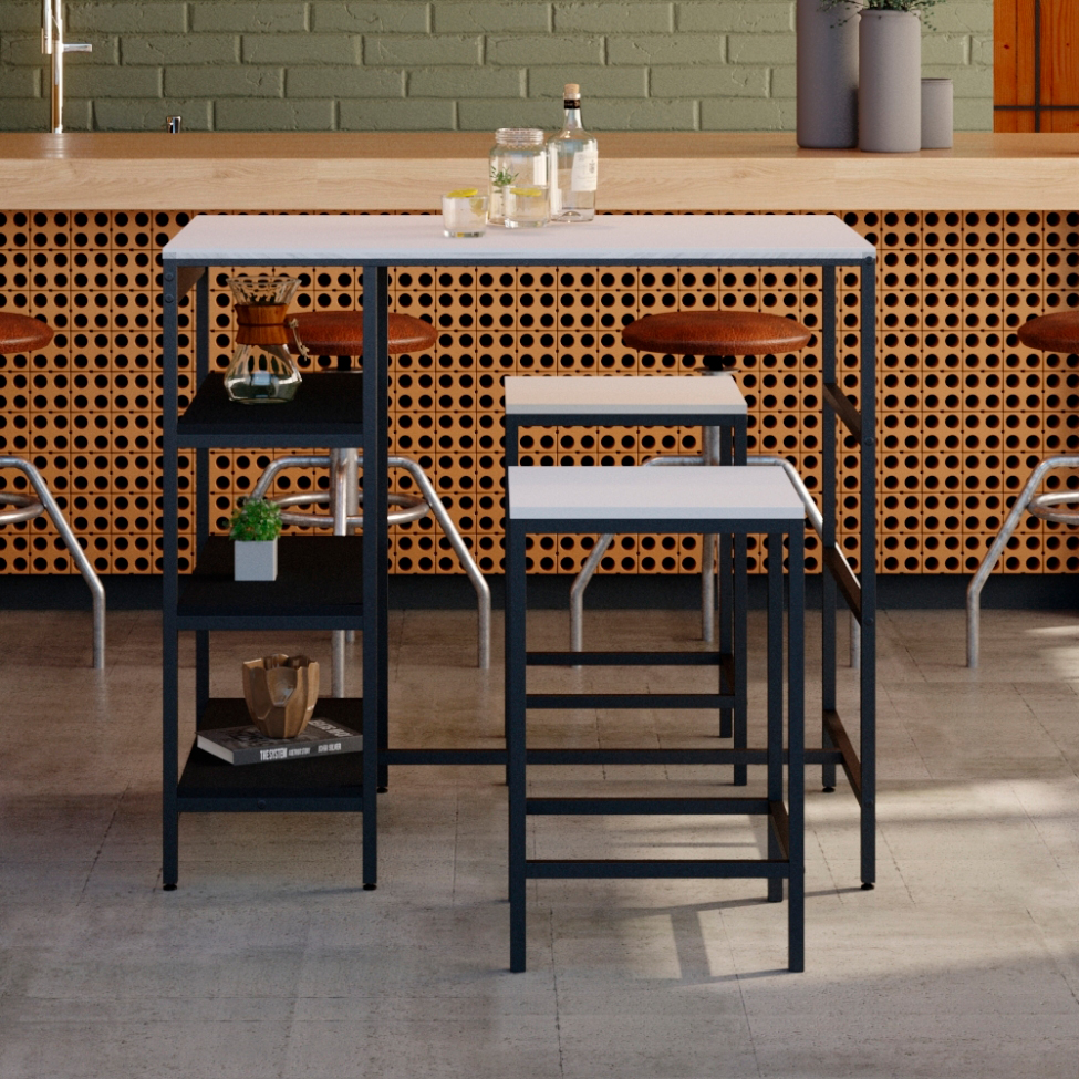 Conjunto de Mesa Bistrô e 2 Bancos Wooden Branco e Preto
