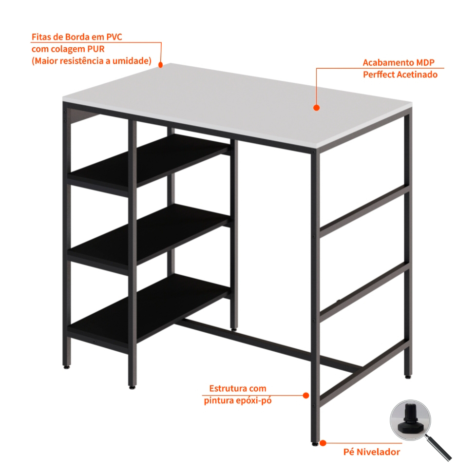 Conjunto de Mesa Bistrô e 2 Bancos Wooden Branco e Preto