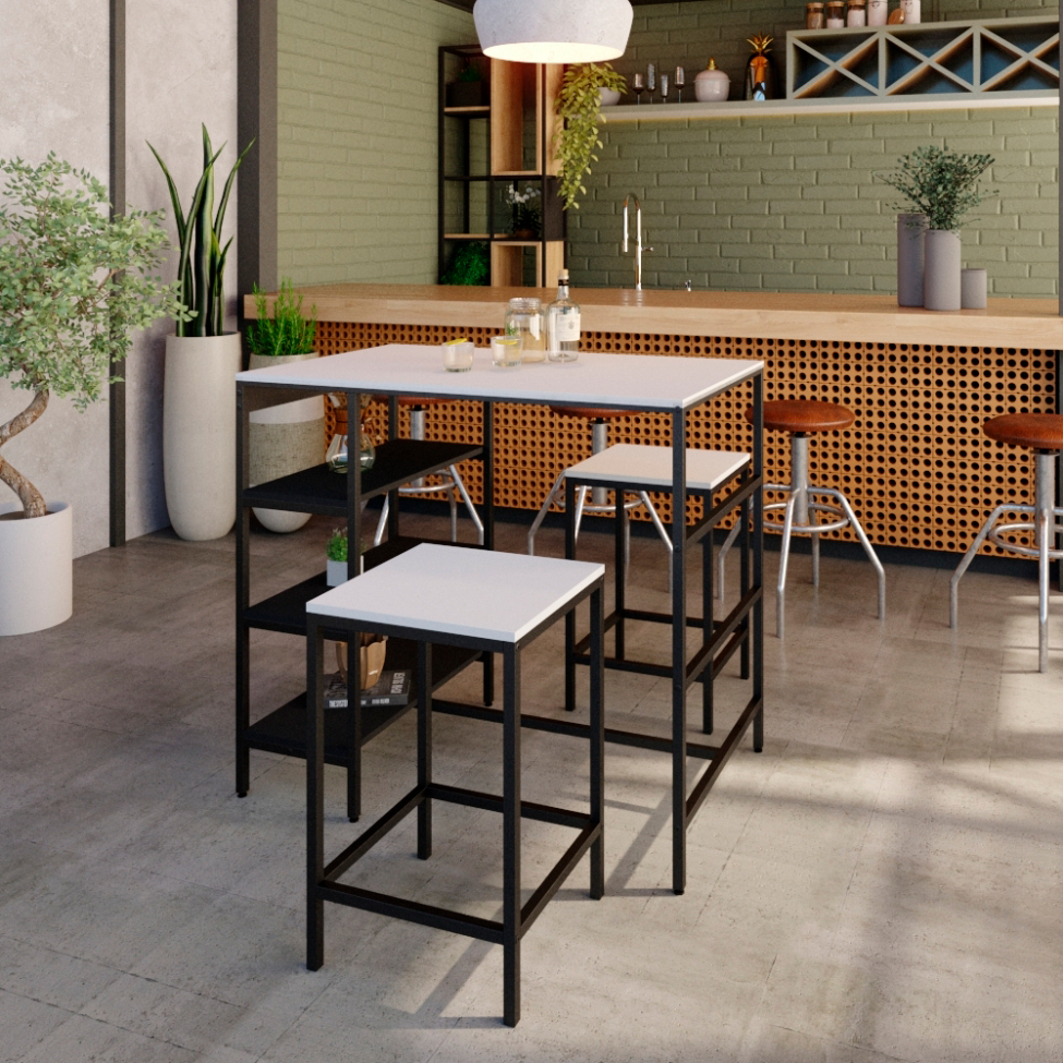 Conjunto de Mesa Bistrô e 2 Bancos Wooden Branco e Preto