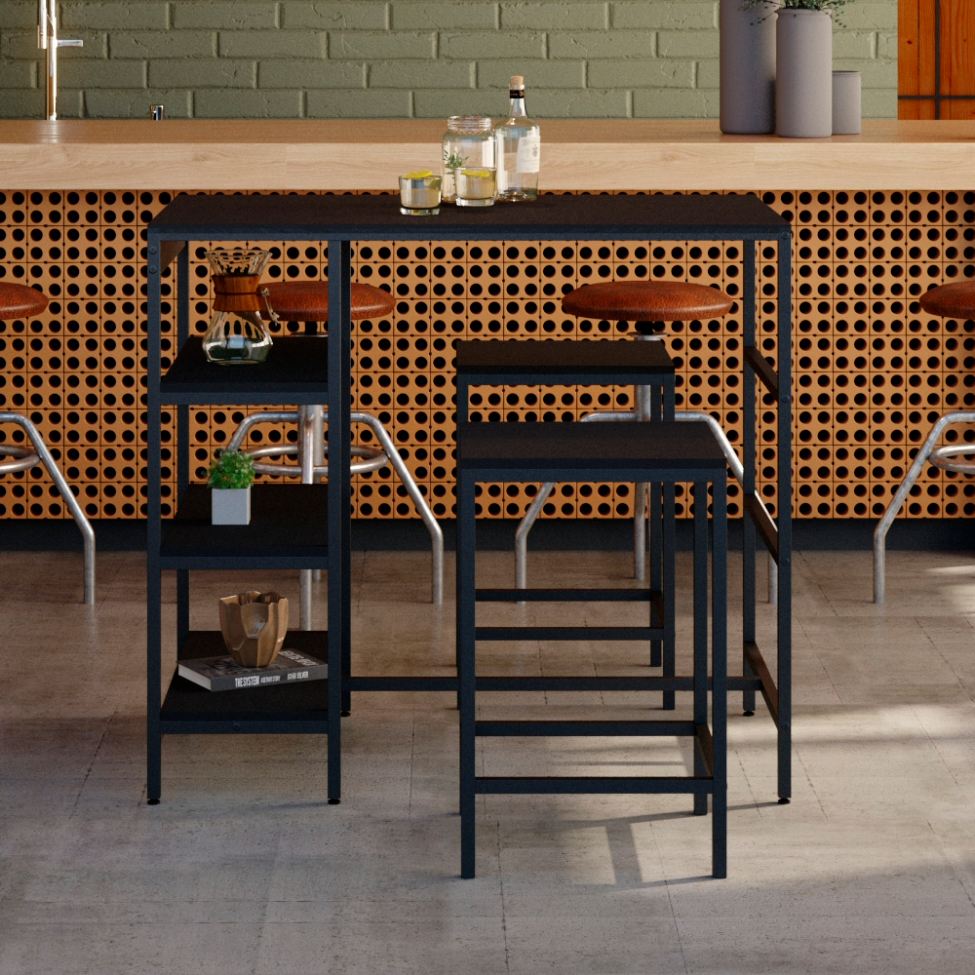 Conjunto de Mesa Bistrô e 2 Bancos Wooden Ônix e Preto
