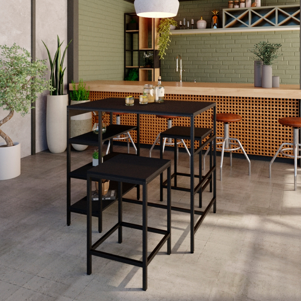 Conjunto de Mesa Bistrô e 2 Bancos Wooden Ônix e Preto