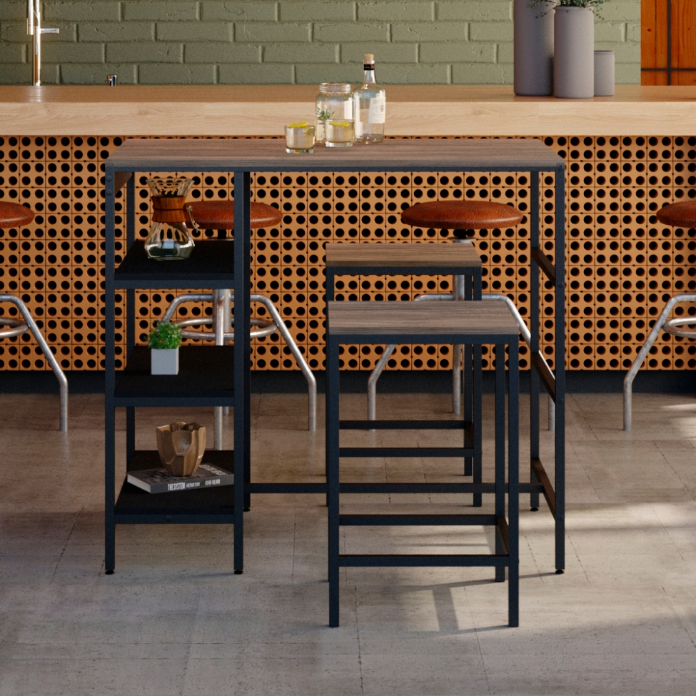 Conjunto de Mesa Bistrô e 2 Bancos Wooden Carvalho Dark e Preto