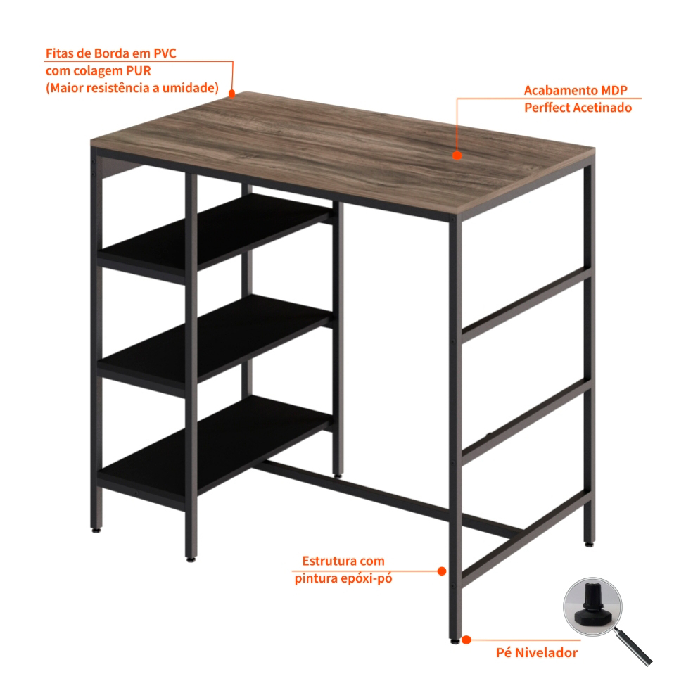 Conjunto de Mesa Bistrô e 2 Bancos Wooden Carvalho Dark e Preto