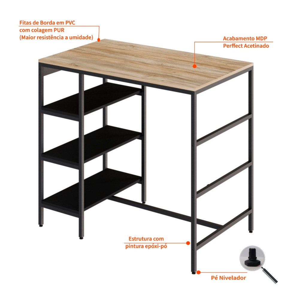 Conjunto de Mesa Bistrô e 2 Bancos Wooden Carvalho e Preto