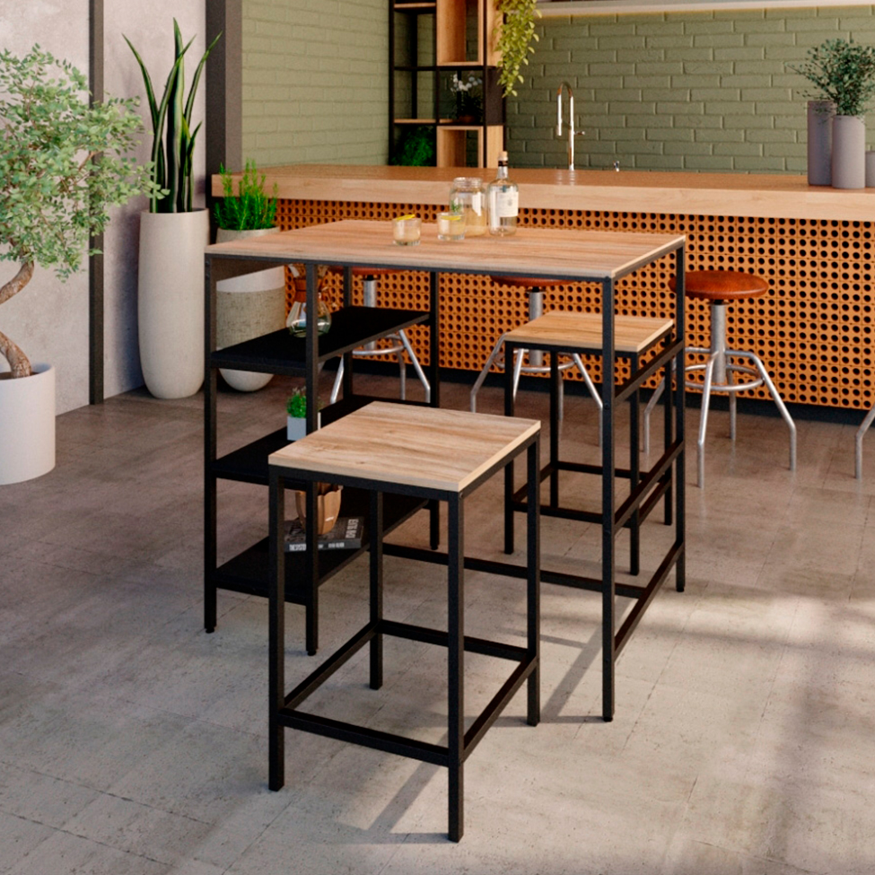 Conjunto de Mesa Bistrô e 2 Bancos Wooden Carvalho e Preto
