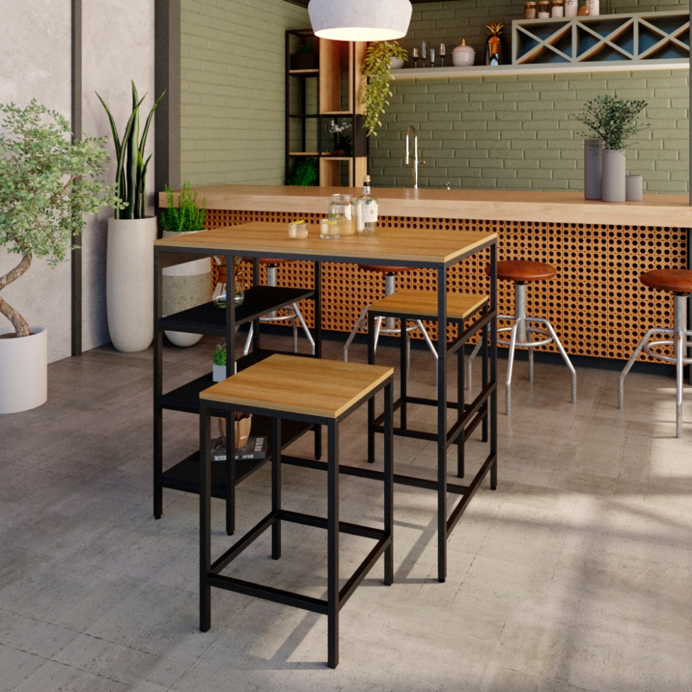 Conjunto de Mesa Bistrô e 2 Bancos Wooden Mel e Preto