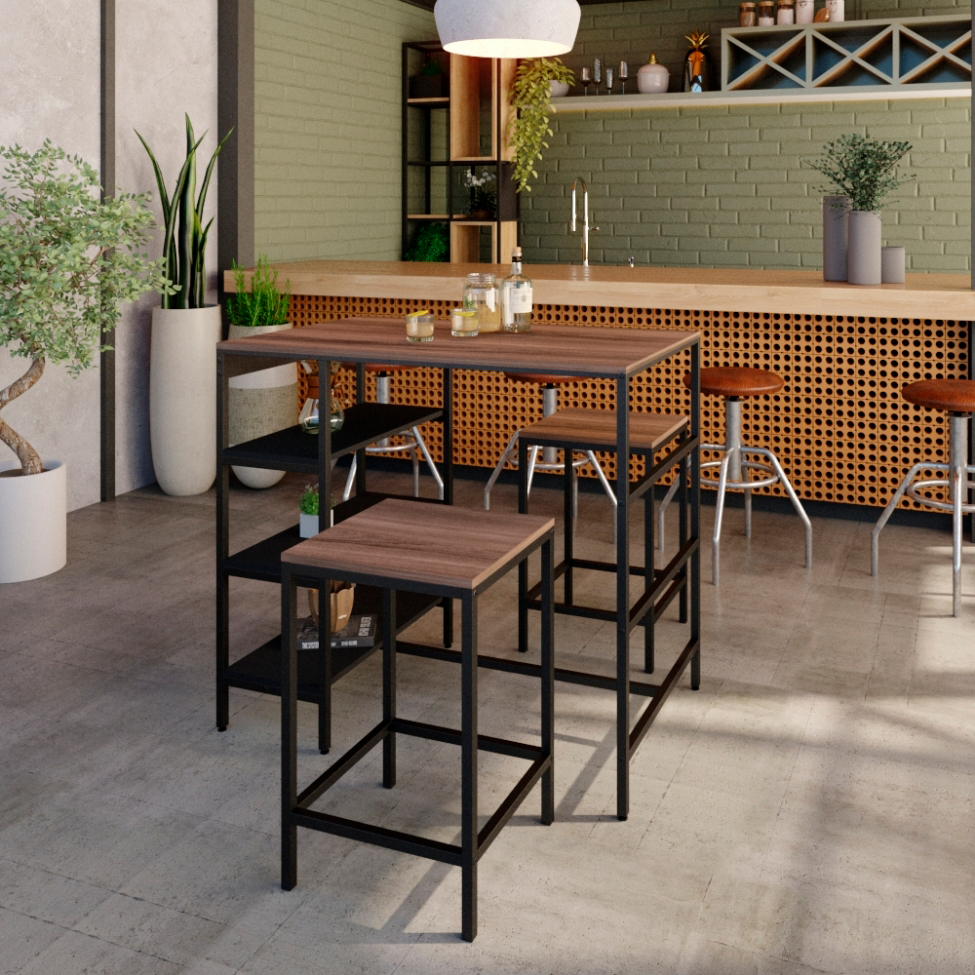 Conjunto de Mesa Bistrô e 2 Bancos Wooden Nogal e Preto