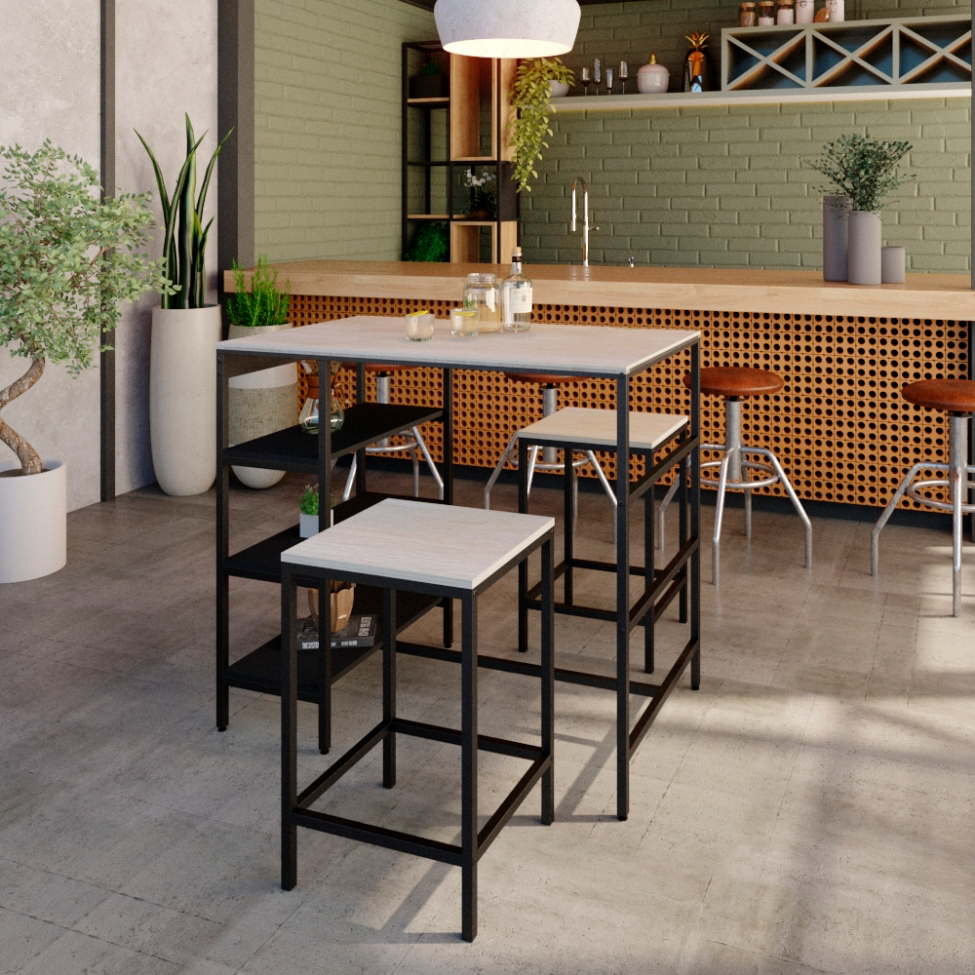 Conjunto de Mesa Bistrô e 2 Bancos Wooden Snow e Preto