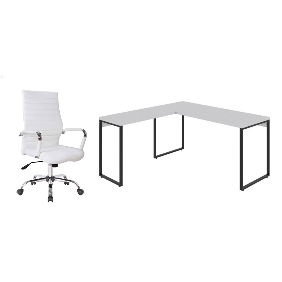 Conjunto de Mesa Kuadra  II 150 cm com Cadeira de Escritório Diretor Giratória Cleaner Branca