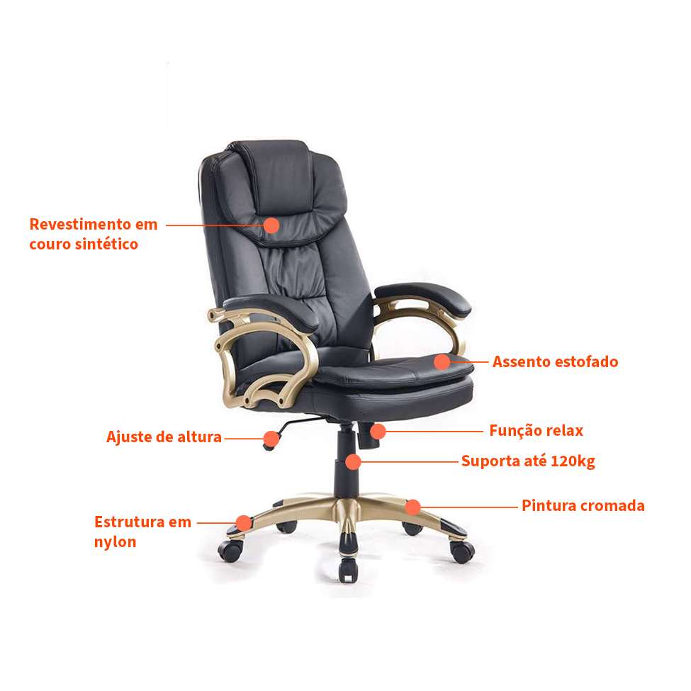 Conjunto de Mesa Kuadra 120 cm com Cadeira de Escritório Presidente Giratória com Relax Clark Preta e Dourada