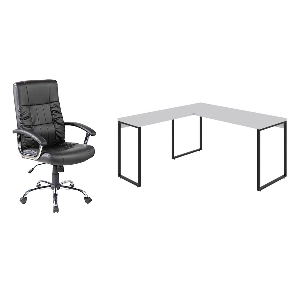 Conjunto de Mesa Kuadra Branca II 150 cm com Cadeira de Escritório Presidente Giratória com Relax Office Plus Preta
