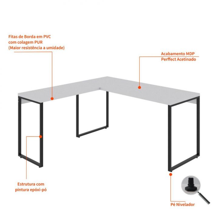 Conjunto de Mesa Kuadra Branca II 150 cm com Cadeira de Escritório Presidente Giratória com Relax Office Plus Preta