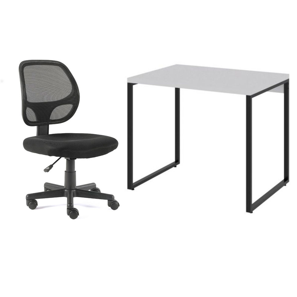 Conjunto de Mesa Kuadra Branca com Cadeira de Escritório Secretária Giratória Oxford Preta