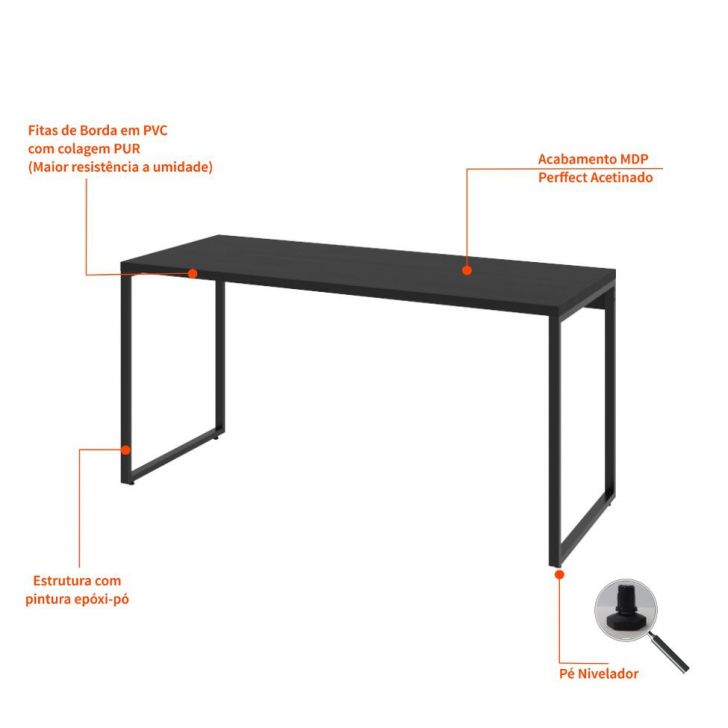 Conjunto de Mesa Kuadra I 150 cm com Cadeira de Escritório Presidente Giratória com Relax Clark Preta e Dourada
