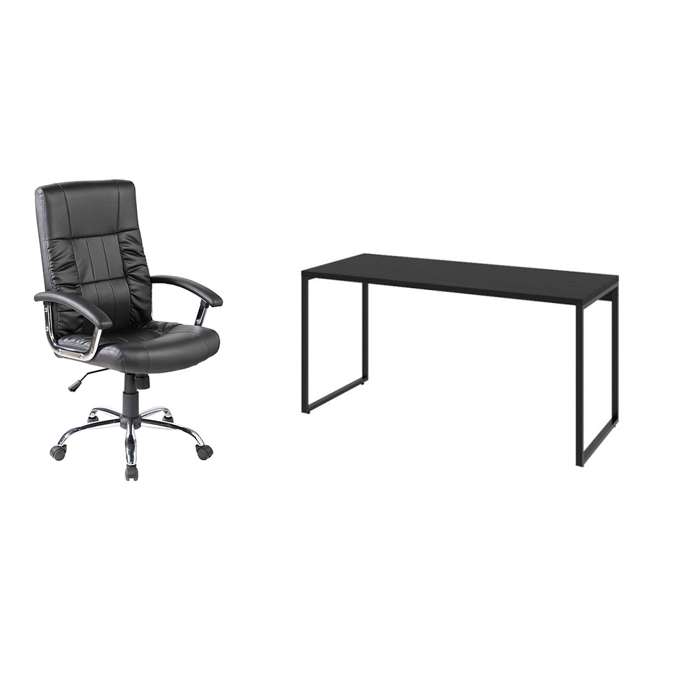 Conjunto de Mesa Kuadra I 150 cm com Cadeira de Escritório Presidente Giratória com Relax Office Plus Preta