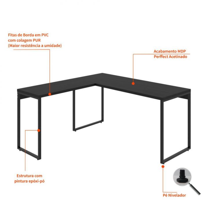 Conjunto de Mesa Kuadra II 150 cm com Cadeira de Escritório Presidente Giratória com Relax Clark Preta e Dourada