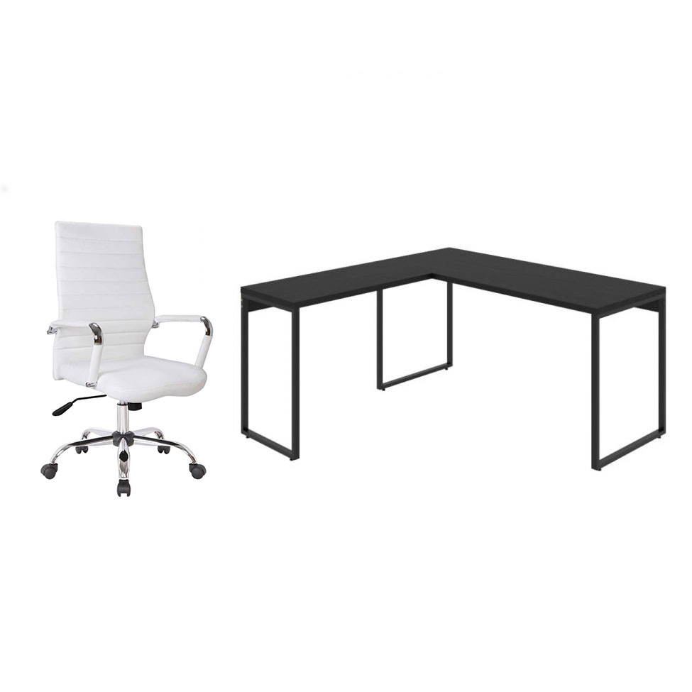 Conjunto de Mesa Kuadra II Preta 150 cm com Cadeira de Escritório Diretor Giratória Cleaner Branca