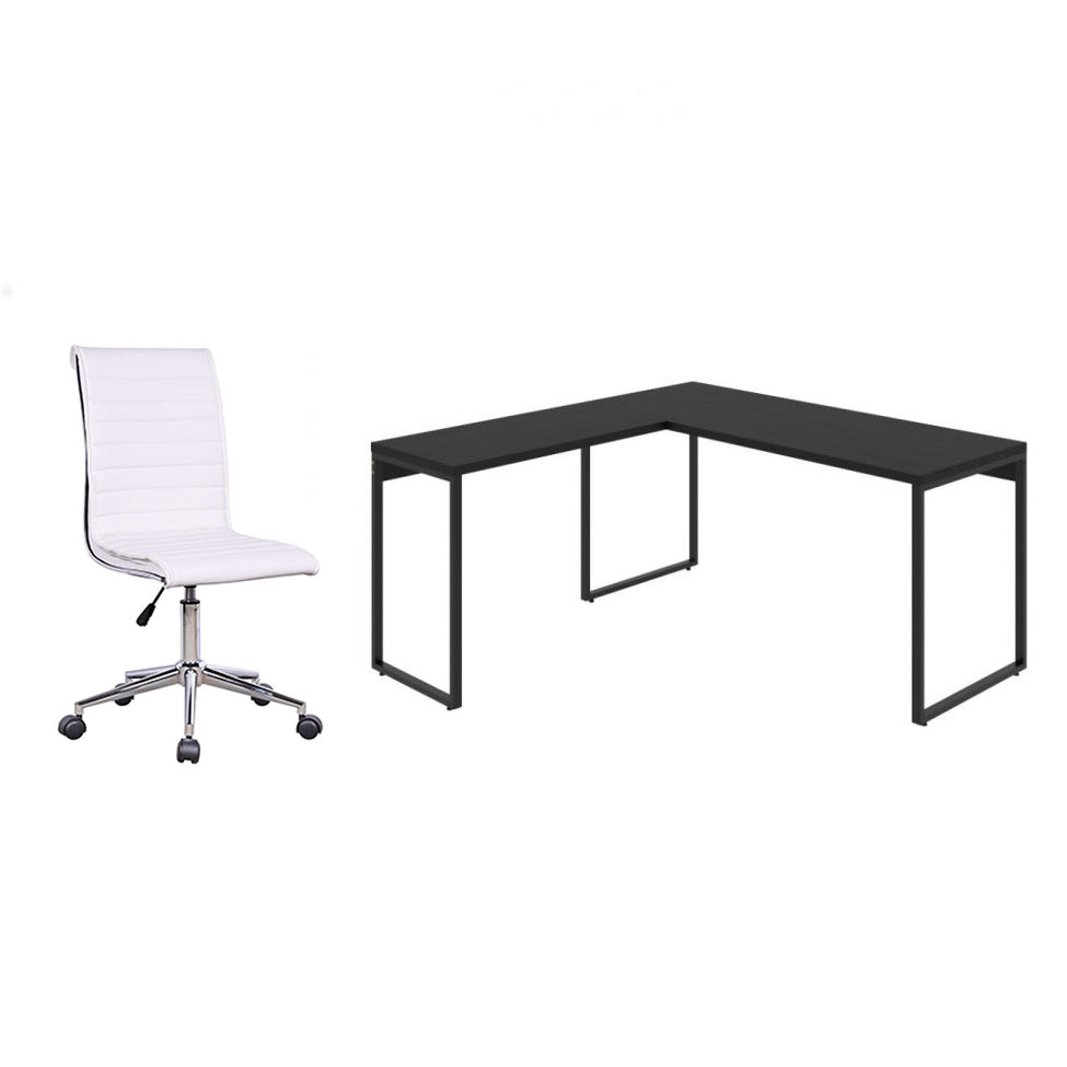 Conjunto de Mesa Kuadra II Preta 150 cm com Cadeira de Escritório Secretária Giratória Marilyn Branca