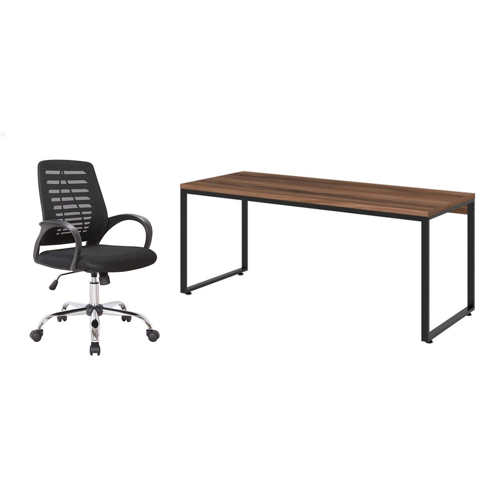 Conjunto de Mesa Kuadra Nogal com Cadeira de Escritório Secretária Giratória Light Preta