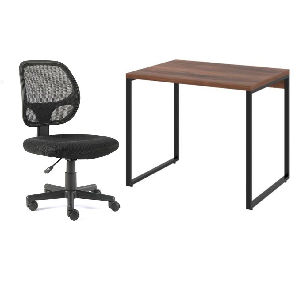Conjunto de Mesa Kuadra Nogal com Cadeira de Escritório Secretária Giratória Oxford Preta