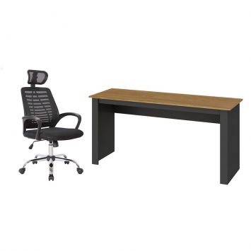 Conjunto de Mesa Liz Nogal e Grafite com Cadeira de Escritório Diretor