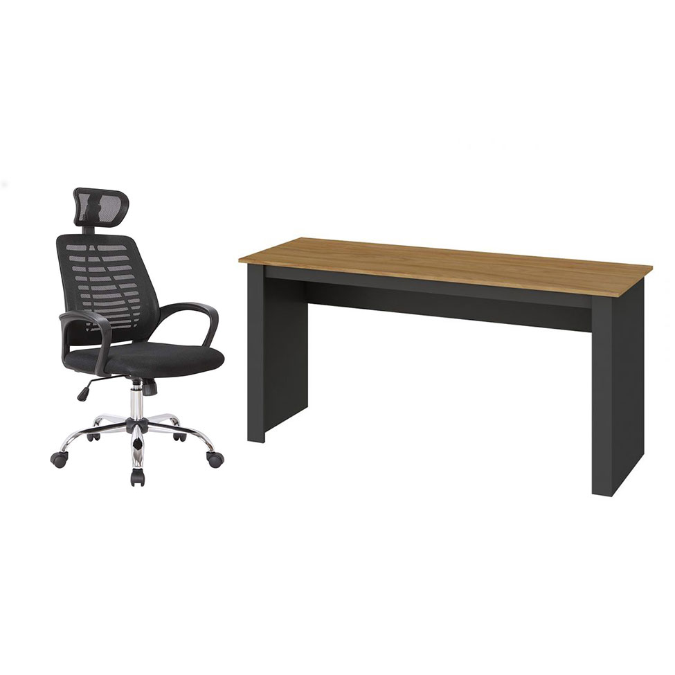 Conjunto de Mesa Liz Nogal e Grafite com Cadeira de Escritório Diretor Giratória Light Preta