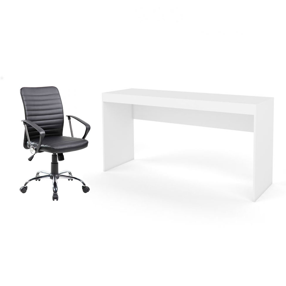 Conjunto de Mesa Marselha Branca com Cadeira de Escritório Diretor Giratória Oslo Preta