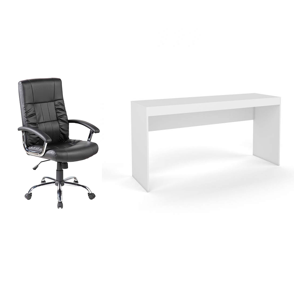 Conjunto de Mesa Marselha Branca com Cadeira de Escritório Presidente Giratória com Relax Office Plus Preta