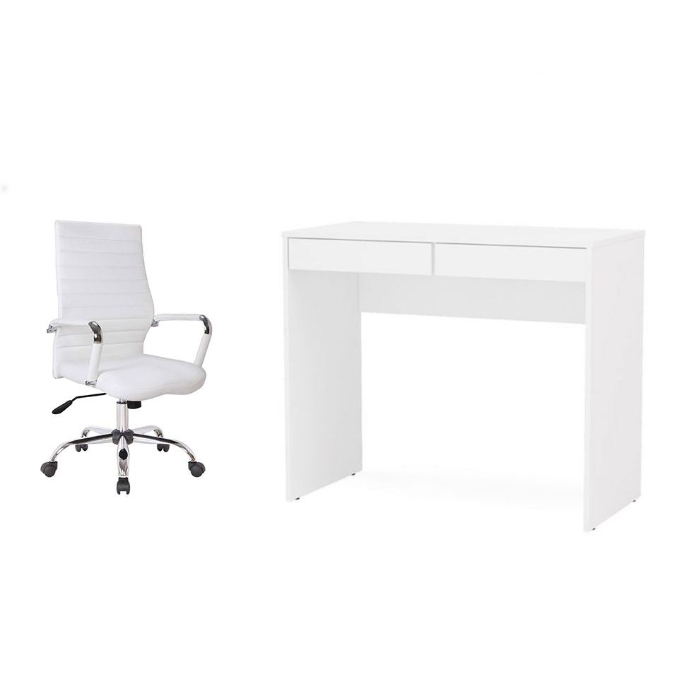 Conjunto de Mesa Mendes 2 GV com Cadeira de Escritório Diretor Giratória Cleaner Branca