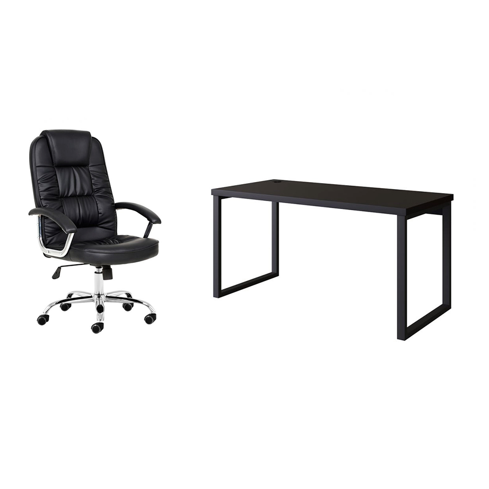 Conjunto de Mesa Miguel 150 cm com Cadeira de Escritório Presidente Giratória com Relax Finland Preta