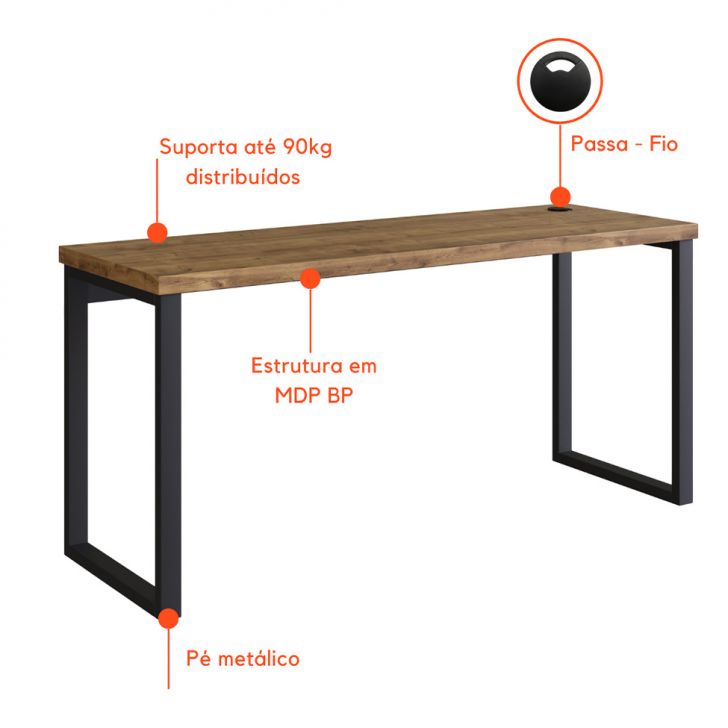 Conjunto de Mesa Miguel Marrom com Cadeira de Escritório Presidente Giratória com Relax Clark Preta e Dourada