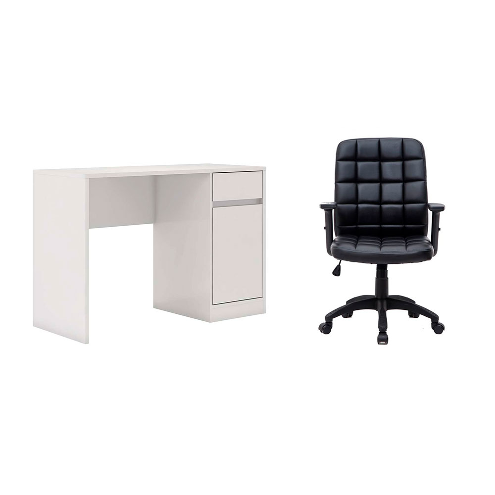 Conjunto de Mesa Morada 1 PT 1 GV Branca com Cadeira de Escritório Diretor Giratória Fitz com Braços Ajustáveis Preta