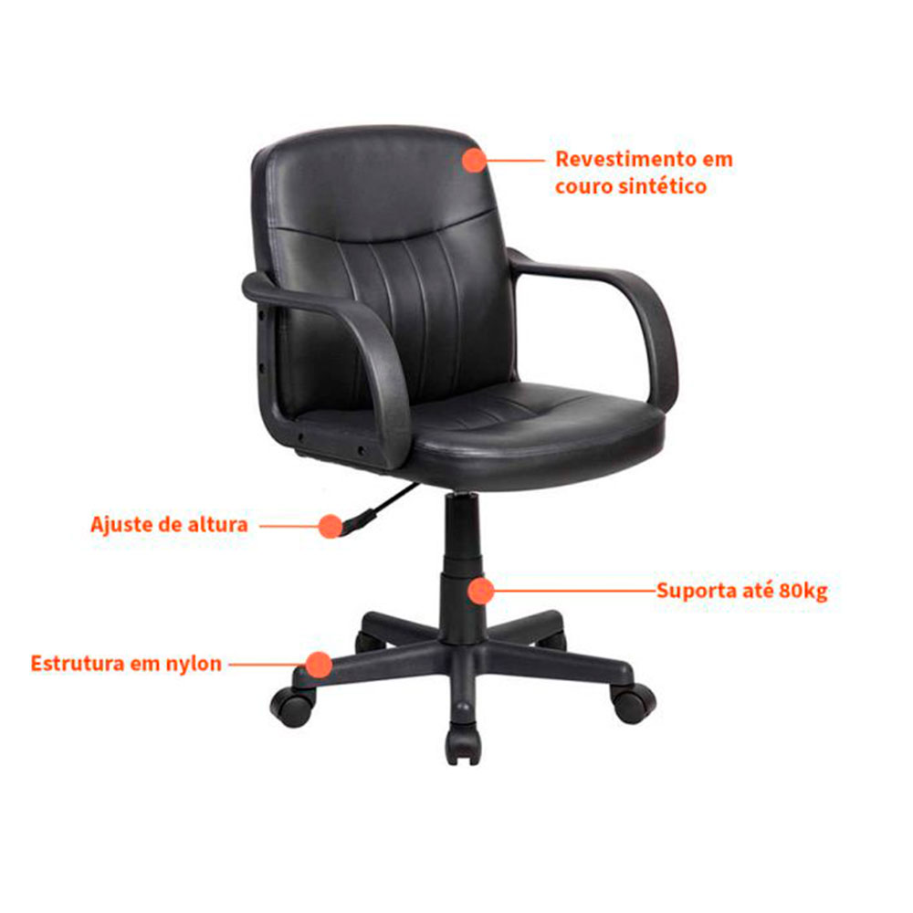 Conjunto de Mesa Morada 1 PT 1 GV Branca com Cadeira de Escritório Secretária Giratória Clean Preta