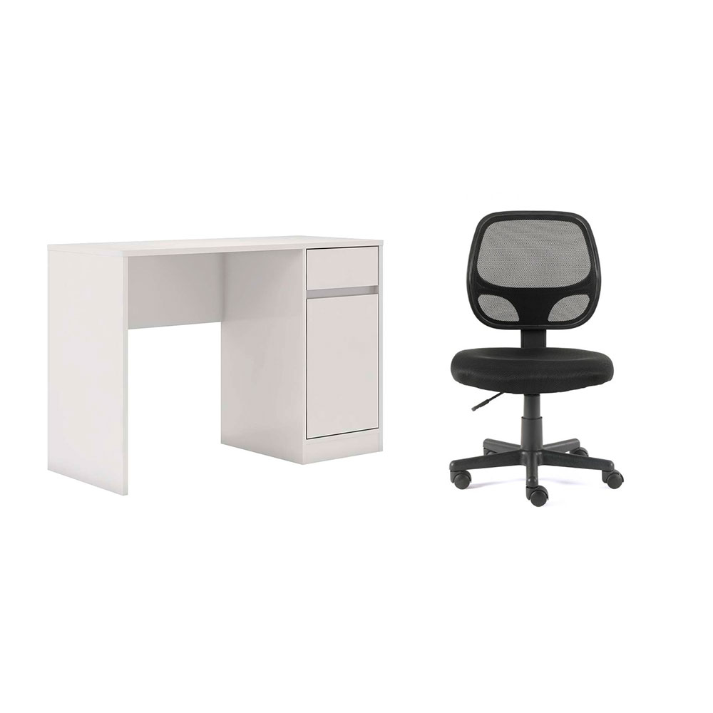 Conjunto de Mesa Morada 1 PT 1 GV Branca com Cadeira de Escritório Secretária Giratória Oxford Preta