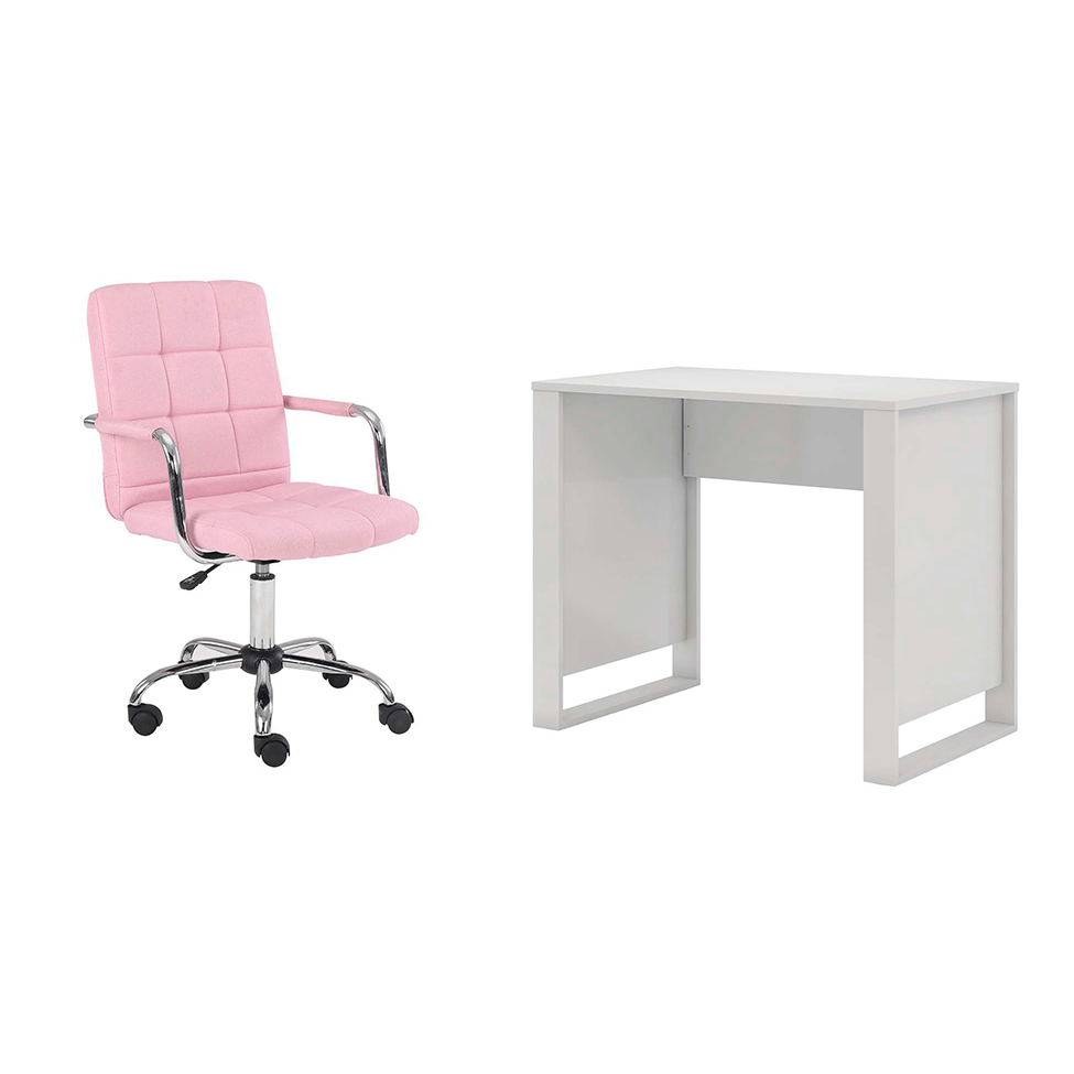 Conjunto de Mesa Morada Branca com Cadeira de Escritório Secretária Giratória Fitz Rosa